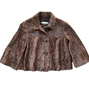 Kelly & Diane Cropped Faux Fur Animal Print Buttoned Jacket Brown Tan Size 8